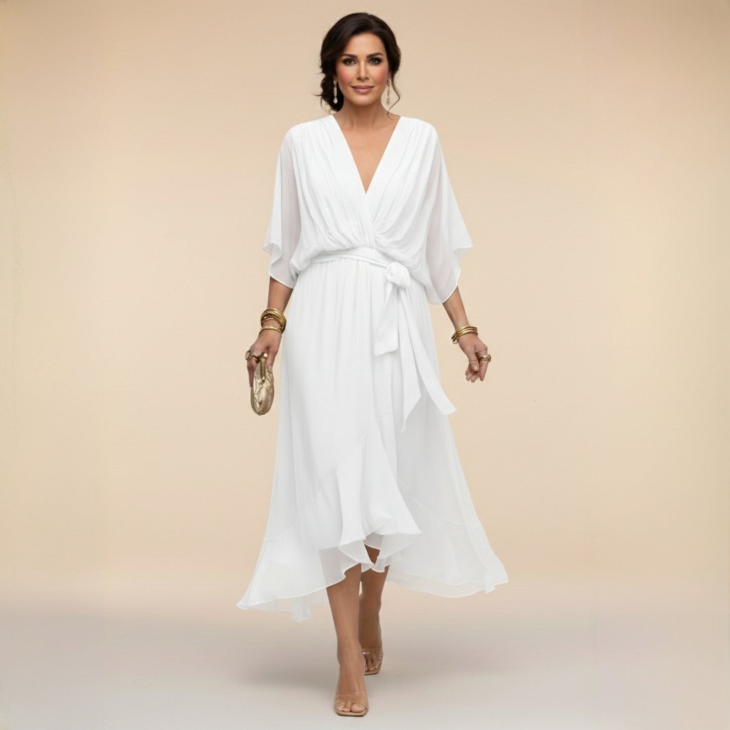 Women's V Neck Dolman Short Sleeve Waist Tie Chiffon Ruffle Hem Midi Wrap Dress