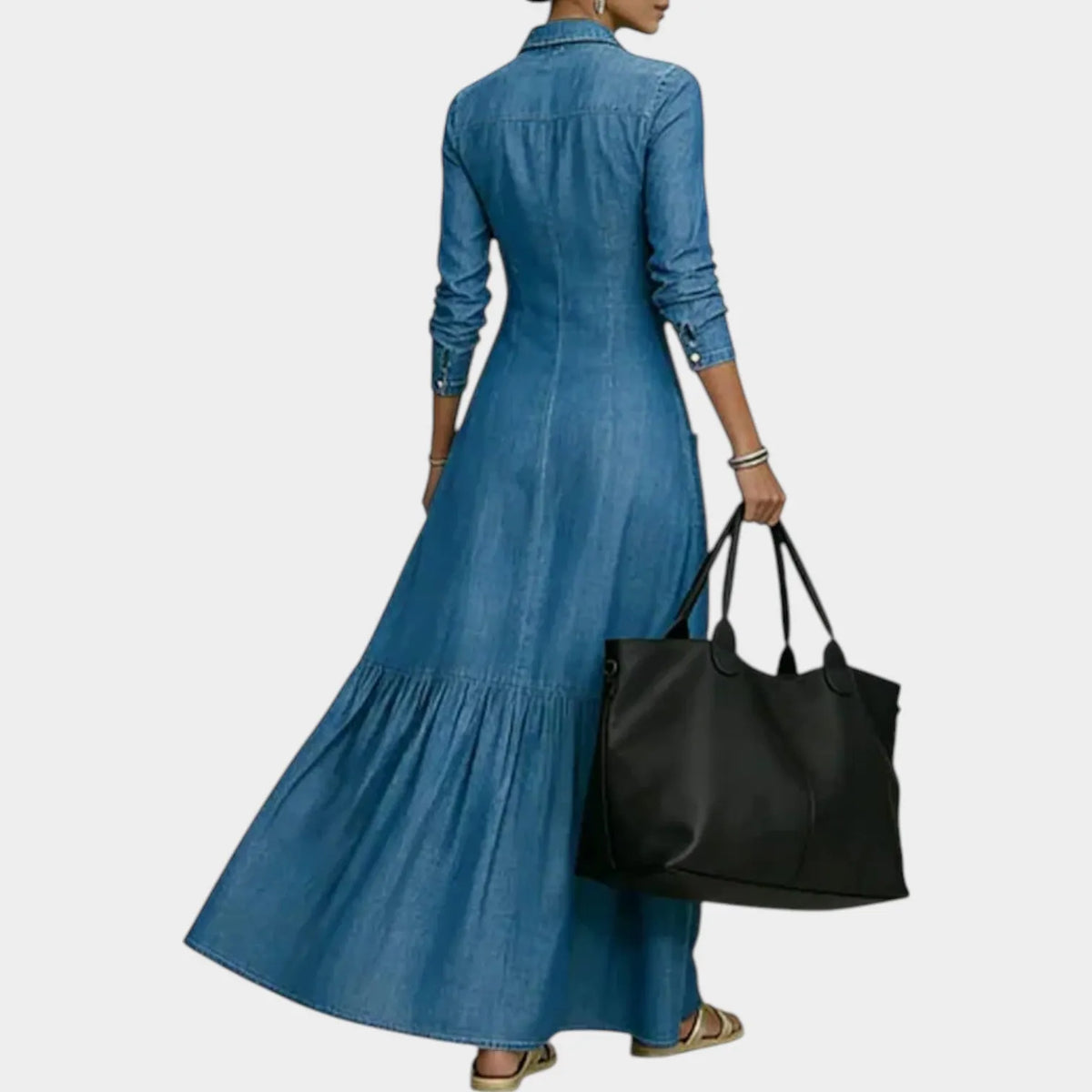 Classic Denim Maxi Shirt Dress with Ruffled Hem for Casual and Everyday Wear