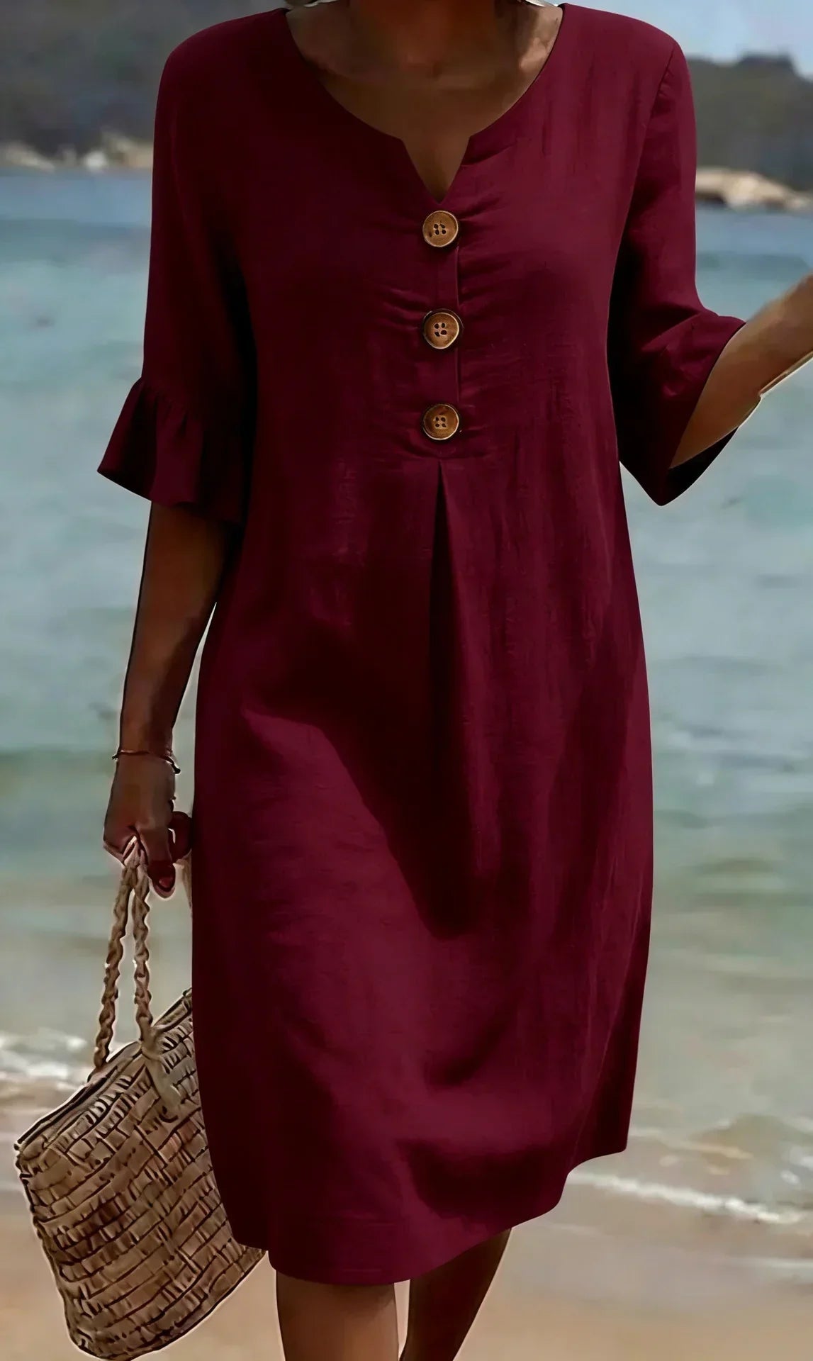Linen dress with texture, puff sleeves, and buttons