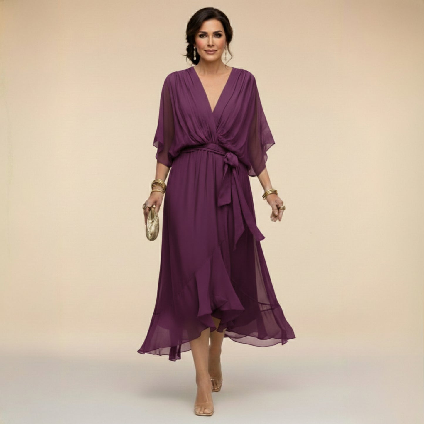 Women's V Neck Dolman Short Sleeve Waist Tie Chiffon Ruffle Hem Midi Wrap Dress