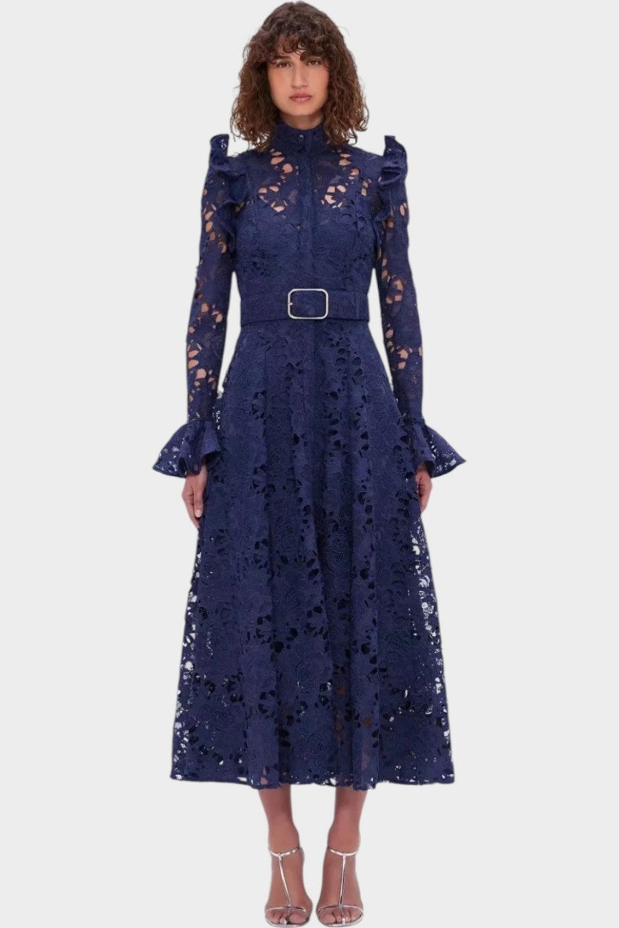 Freya Ruffle Lace-embroidered Belted Midi Dress
