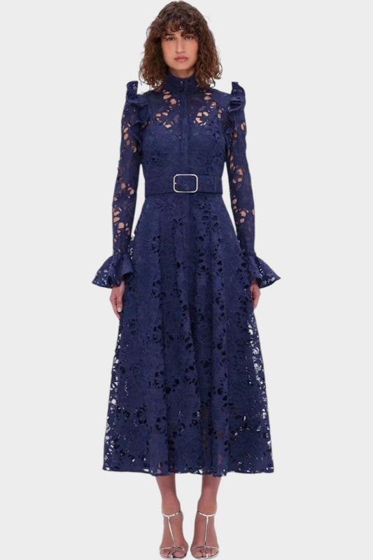 Freya Ruffle Lace-embroidered Belted Midi Dress