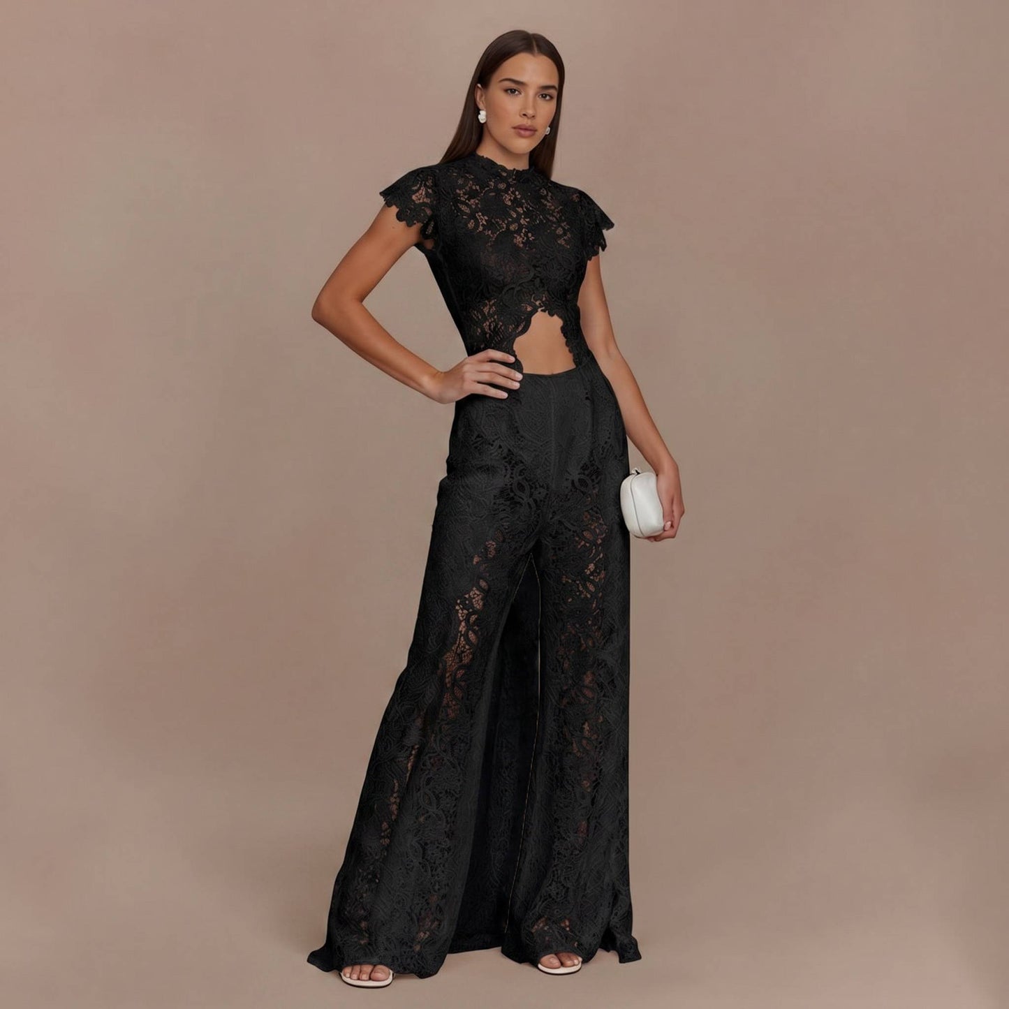 Cutout Lace Two‑Piece Formal Set, High‑Slit Wide Leg Pants Outfit