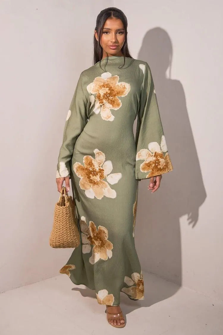 Floral Bell Sleeve Maxi Dress for Resort Wear, Beach Vacation & Casual Daily Outfits