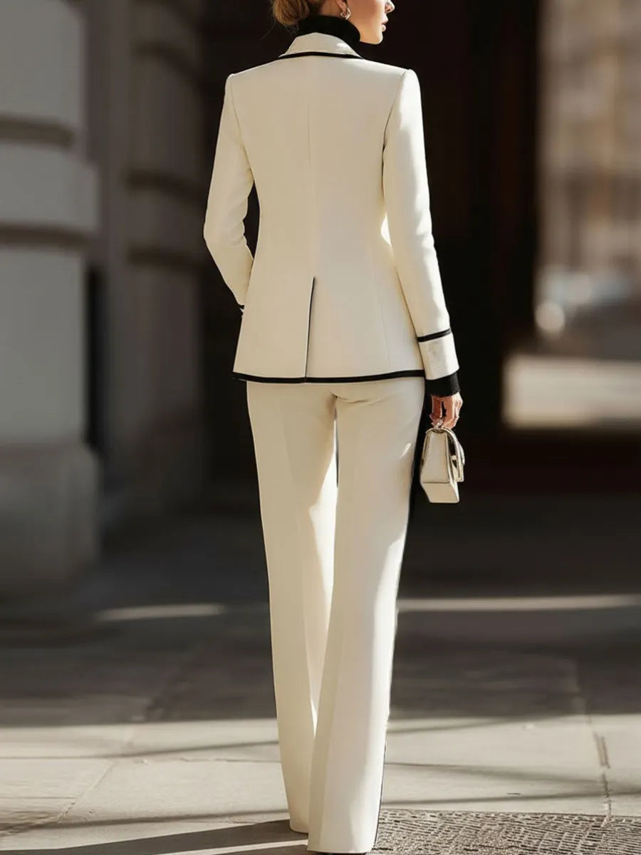 Contrast Trim Double‑Breasted Blazer Suit, Wide‑Leg Pants Two‑Piece Set