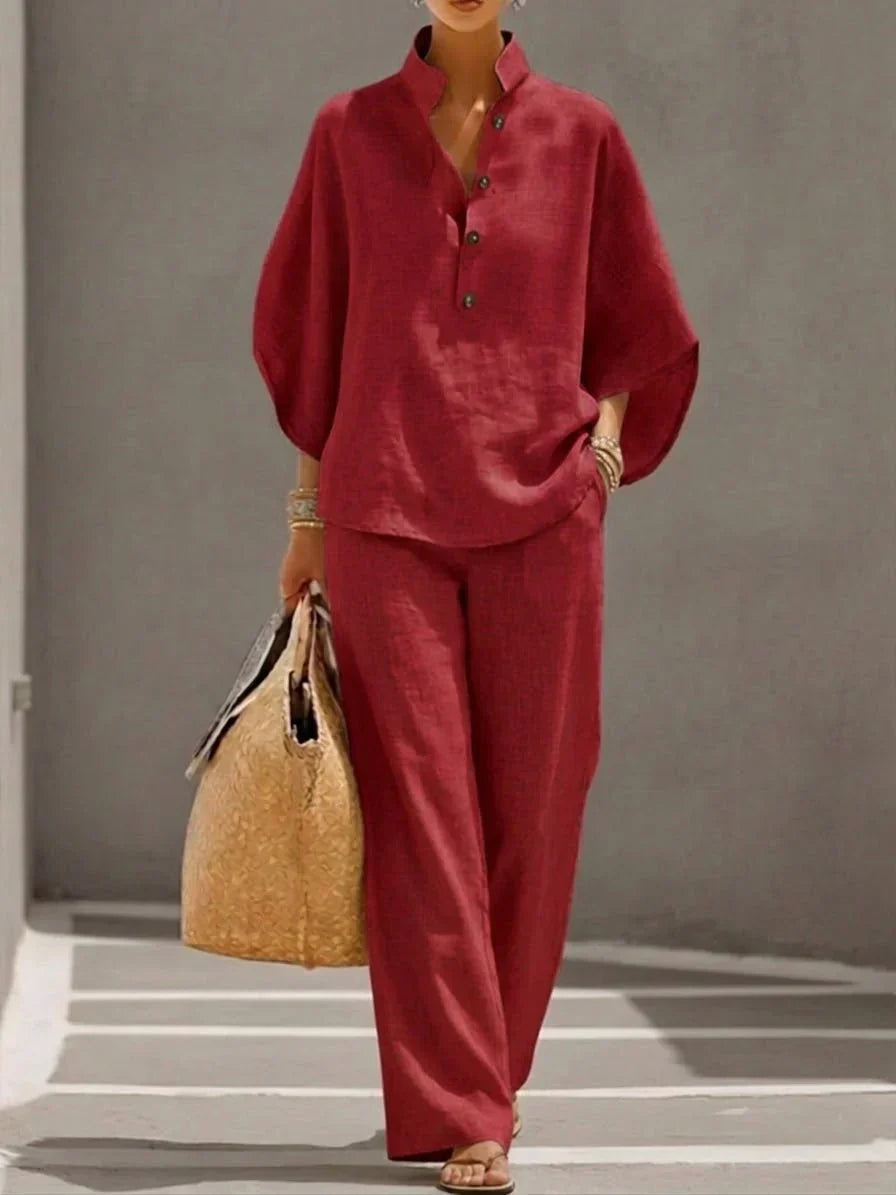 Casual Stand‐Collar Linen 2‐Piece Top & Wide Leg Pants Set