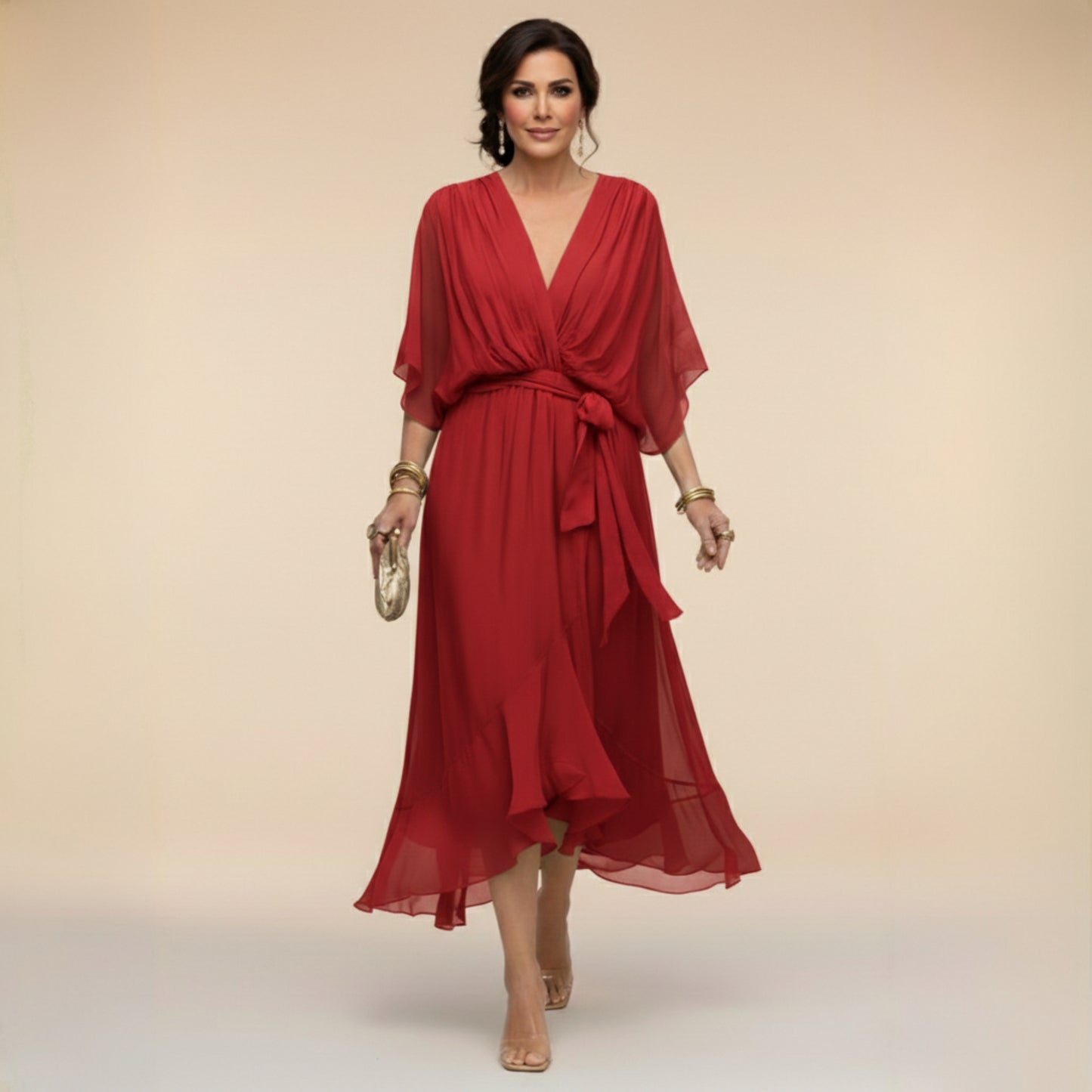 Women's V Neck Dolman Short Sleeve Waist Tie Chiffon Ruffle Hem Midi Wrap Dress