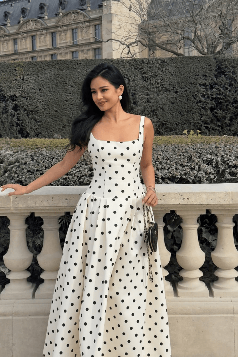 Polka Dot Square Neck A-Line Midi Dress