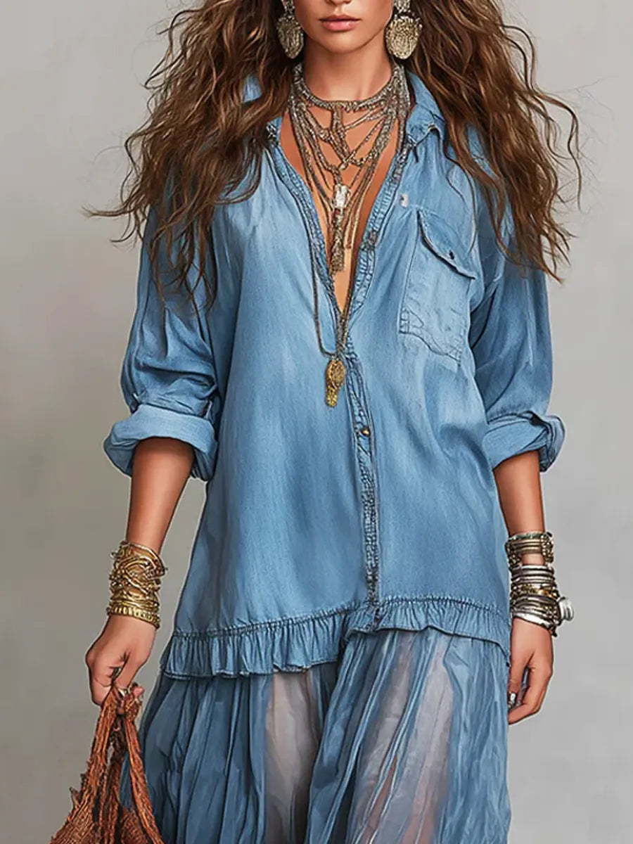 Denim Shirt & Tiered Mesh Maxi Skirt Set