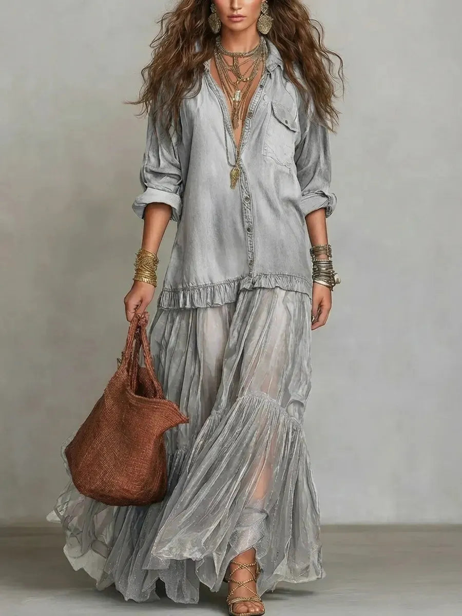 Denim Shirt & Tiered Mesh Maxi Skirt Set
