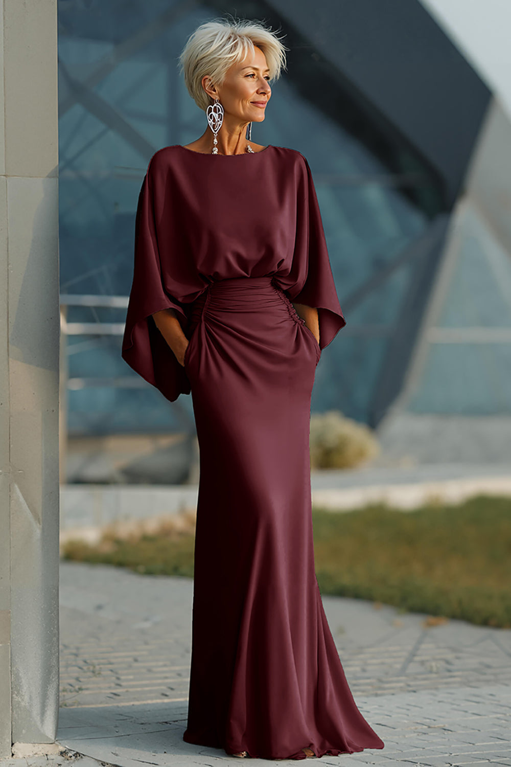 Batwing Sleeve Ruched Mermaid Maxi Dress