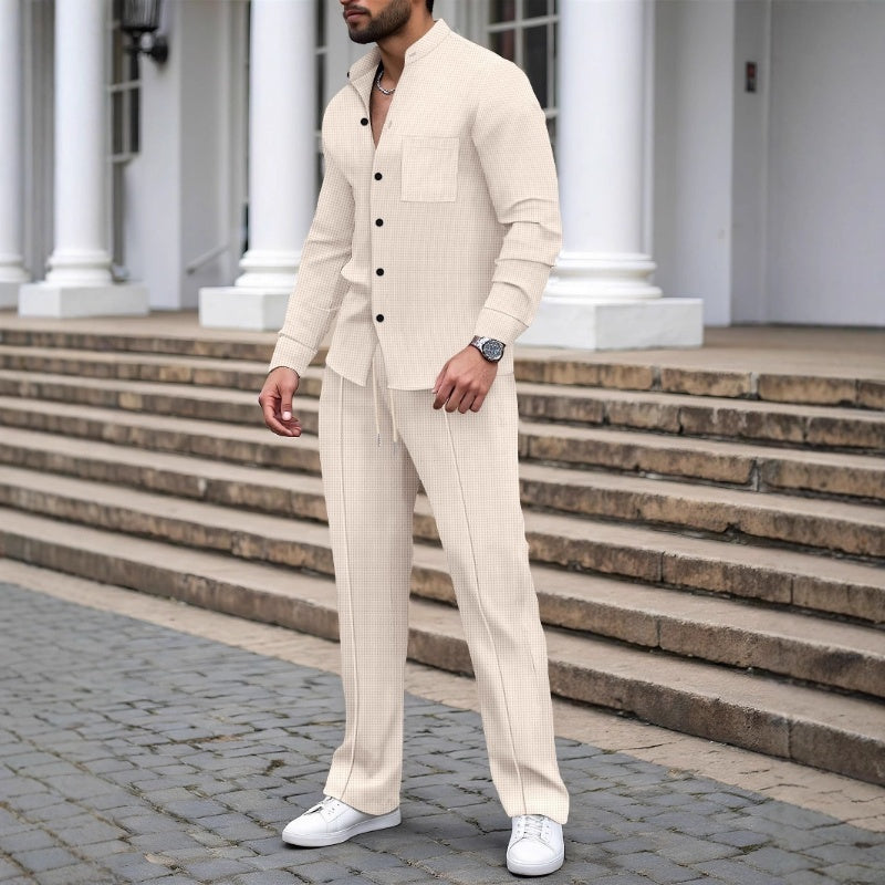 Casual Waffle Shirt Pants 2-Piece Set