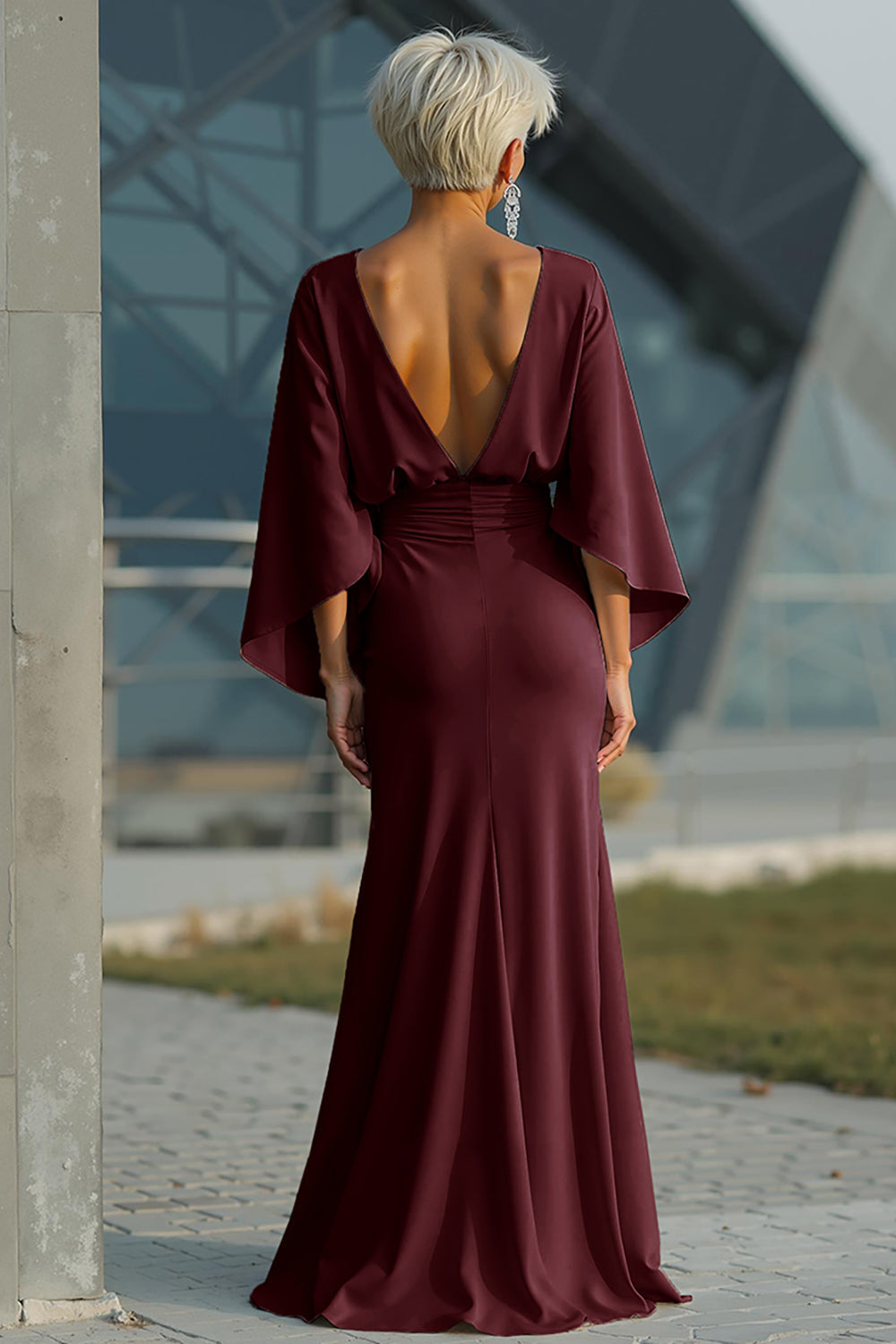 Batwing Sleeve Ruched Mermaid Maxi Dress