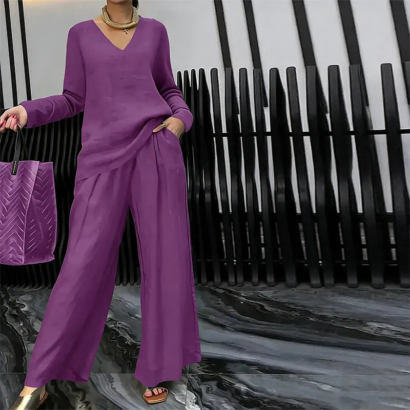 Chic Solid Color Two-Piece Outfit, V-Neck Blouse & High Waist Wide Pants