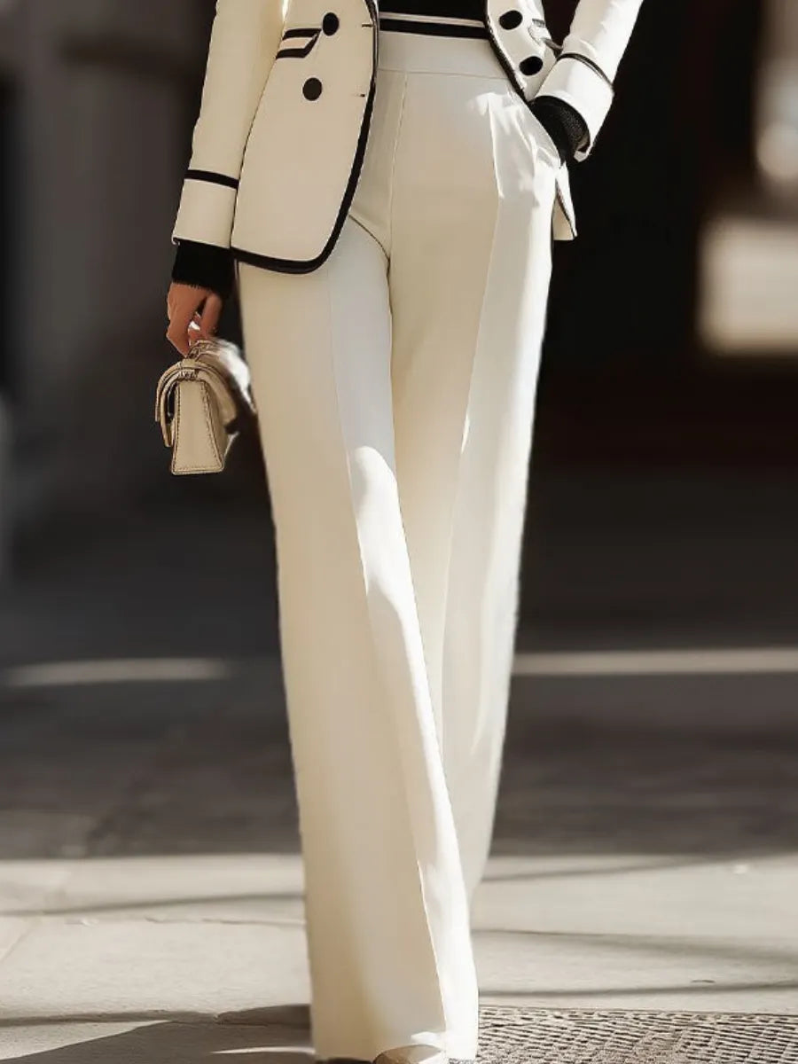Contrast Trim Double‑Breasted Blazer Suit, Wide‑Leg Pants Two‑Piece Set