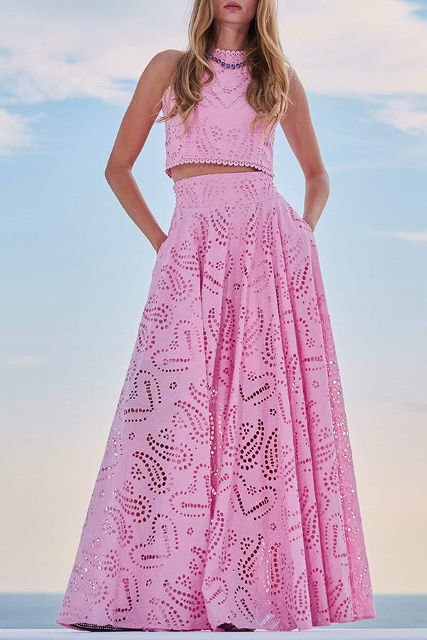 Eyelet Cutout Crop Top & Wide Leg Pants 2 Piece Set