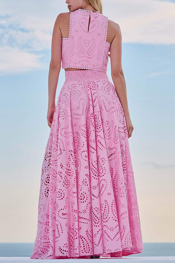 Eyelet Cutout Crop Top & Wide Leg Pants 2 Piece Set