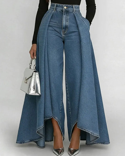 High Waist Pleated Split Flared Denim Palazzo Pants