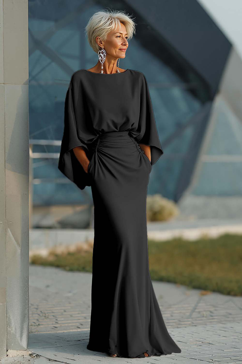 Batwing Sleeve Ruched Mermaid Maxi Dress