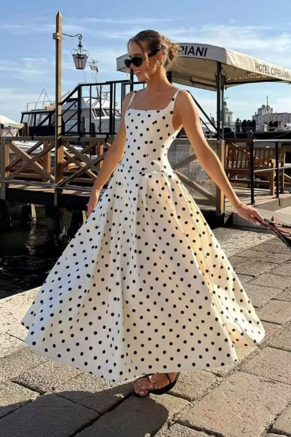 Polka Dot Square Neck A-Line Midi Dress