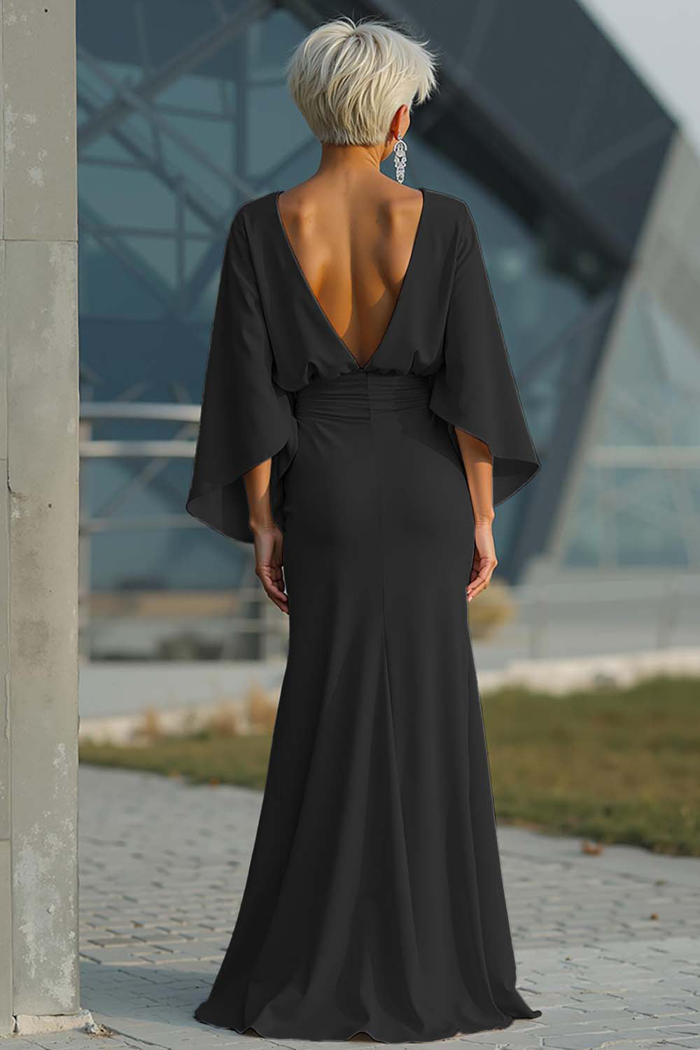 Batwing Sleeve Ruched Mermaid Maxi Dress