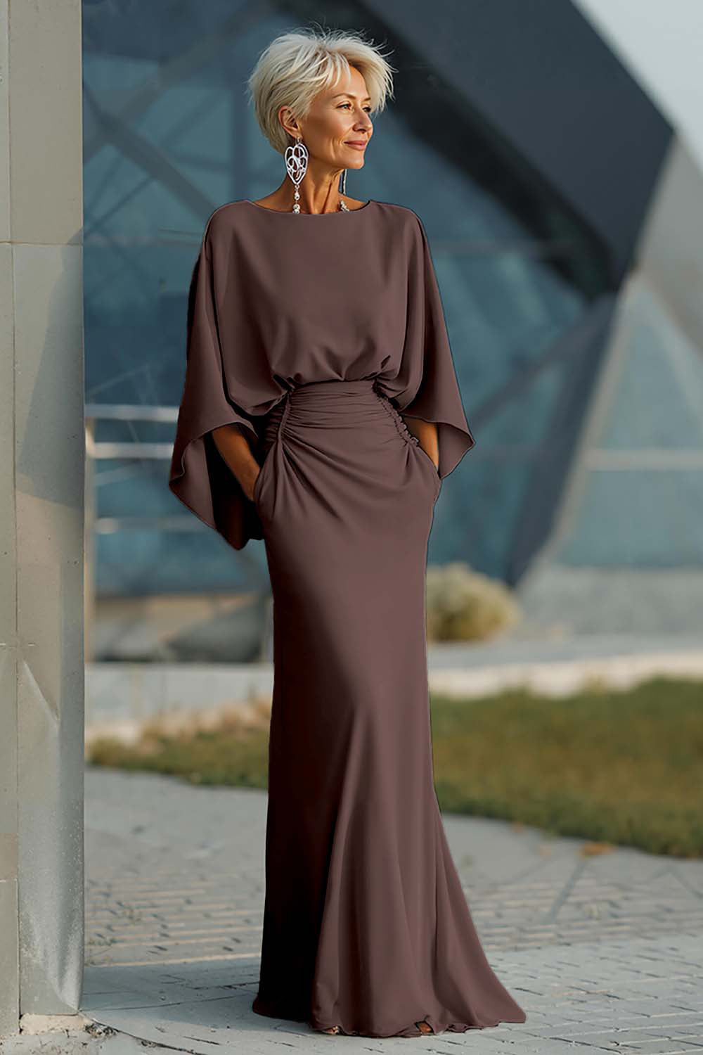 Batwing Sleeve Ruched Mermaid Maxi Dress