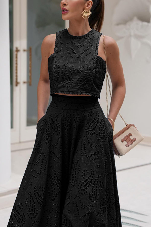 Eyelet Cutout Crop Top & Wide Leg Pants 2 Piece Set
