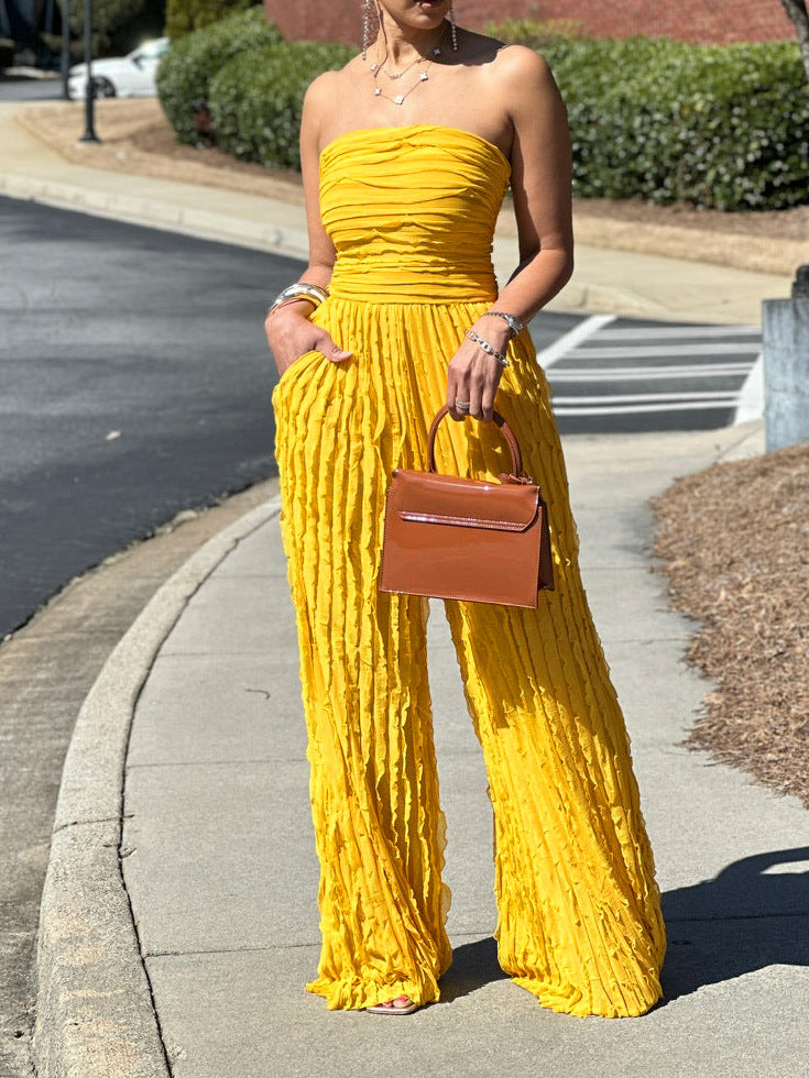 ⏳LAST DAY SALE 50% OFF💕Strapless Crinkle Wide-Leg Jumpsuit