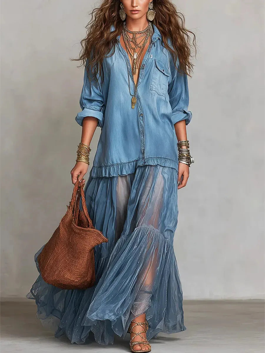 Denim Shirt & Tiered Mesh Maxi Skirt Set