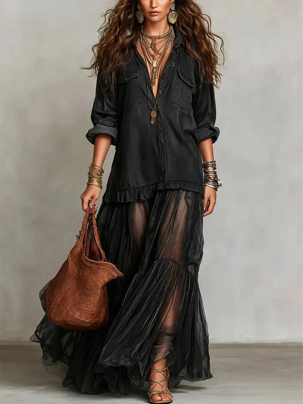Denim Shirt & Tiered Mesh Maxi Skirt Set