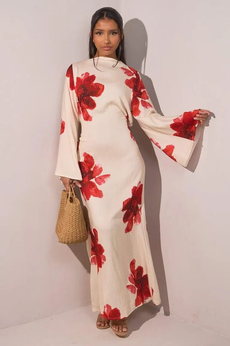 Floral Bell Sleeve Maxi Dress for Resort Wear, Beach Vacation & Casual Daily Outfits