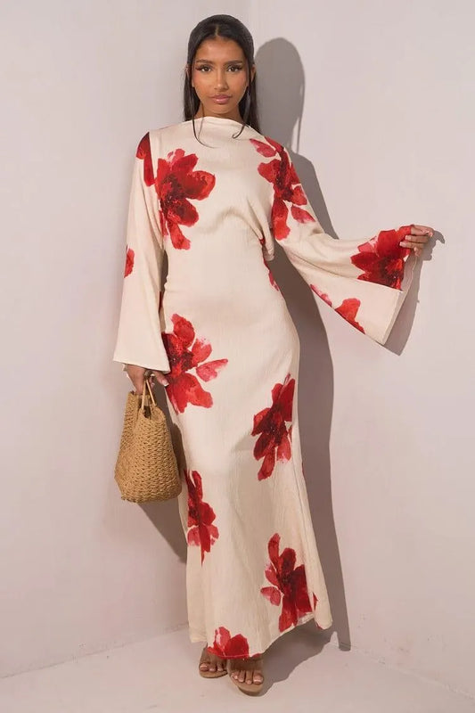 Floral Bell Sleeve Maxi Dress for Resort Wear, Beach Vacation & Casual Daily Outfits