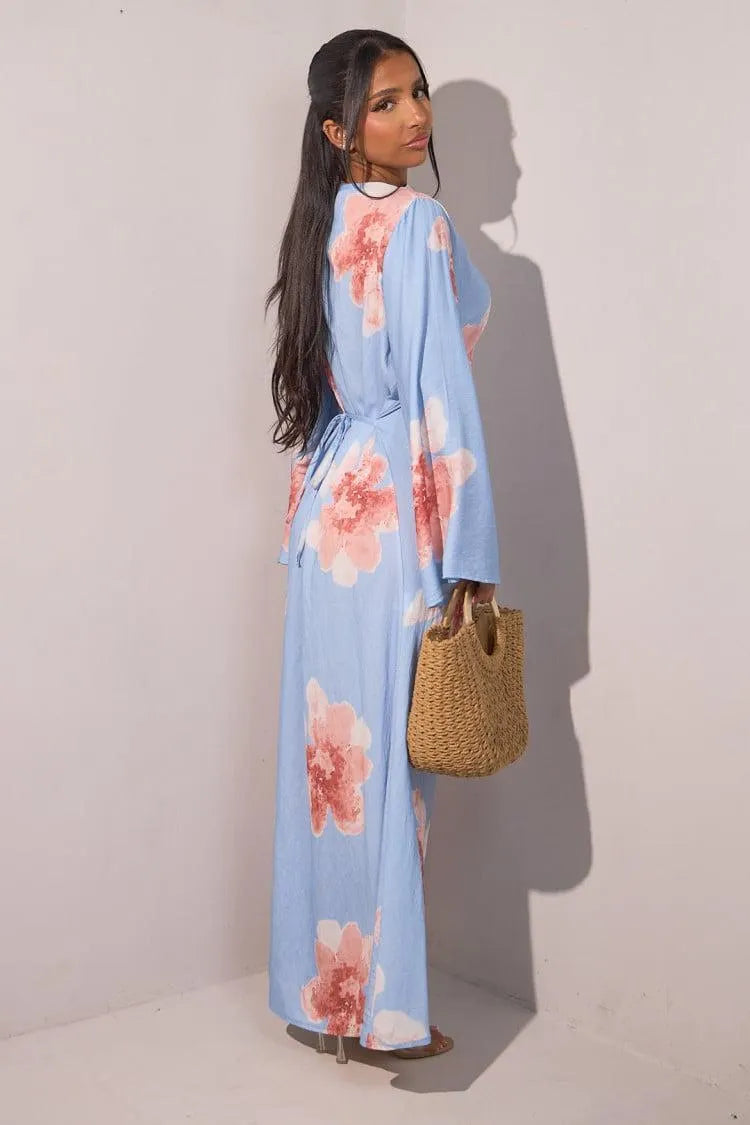 Floral Bell Sleeve Maxi Dress for Resort Wear, Beach Vacation & Casual Daily Outfits
