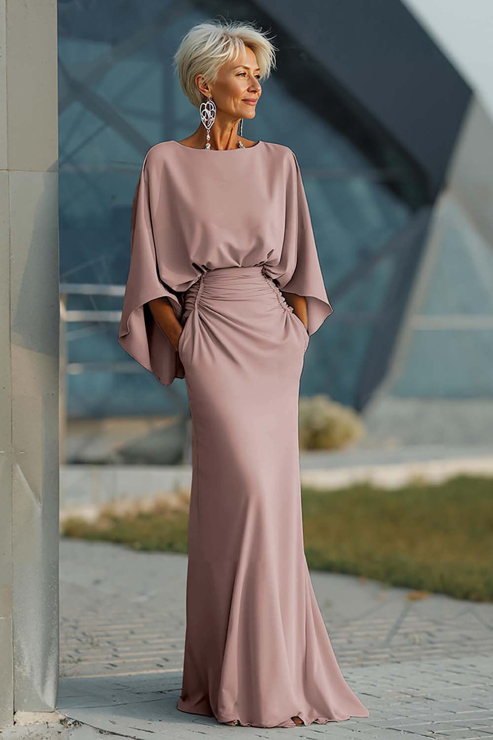 Batwing Sleeve Ruched Mermaid Maxi Dress