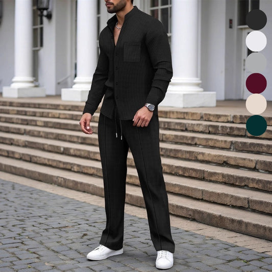 Casual Waffle Shirt Pants 2-Piece Set