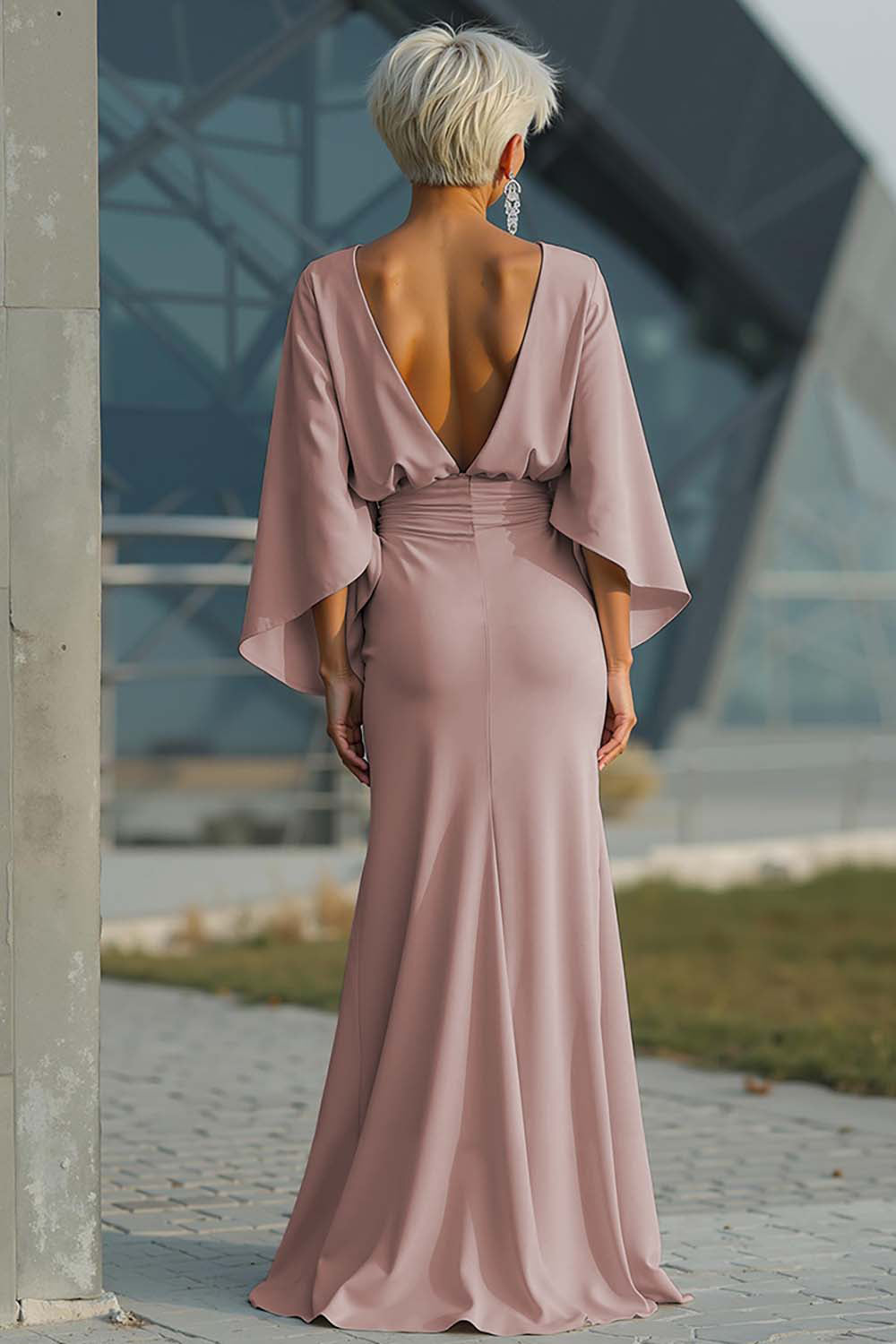 Batwing Sleeve Ruched Mermaid Maxi Dress