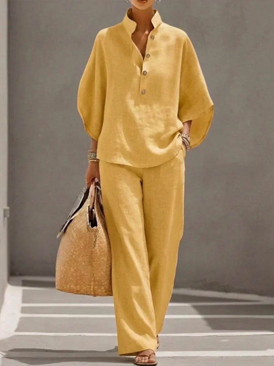 Casual Stand‐Collar Linen 2‐Piece Top & Wide Leg Pants Set