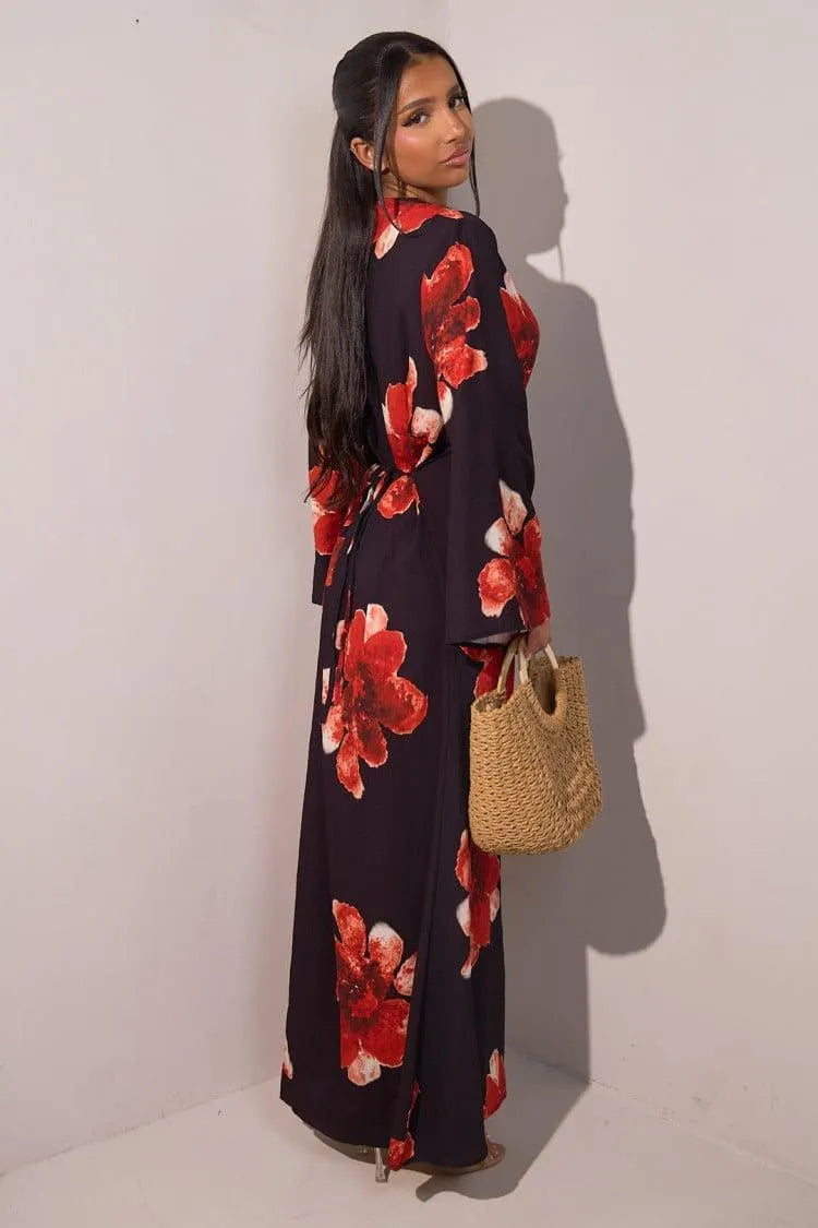 Floral Bell Sleeve Maxi Dress for Resort Wear, Beach Vacation & Casual Daily Outfits
