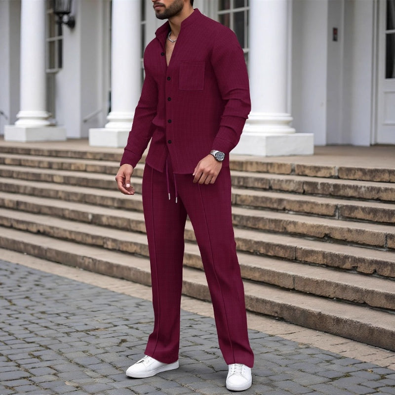 Casual Waffle Shirt Pants 2-Piece Set