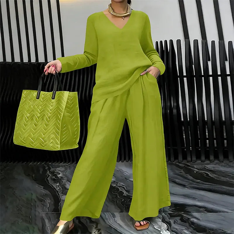 Chic Solid Color Two-Piece Outfit, V-Neck Blouse & High Waist Wide Pants