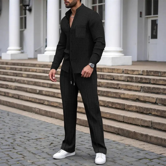 Casual Waffle Shirt Pants 2-Piece Set