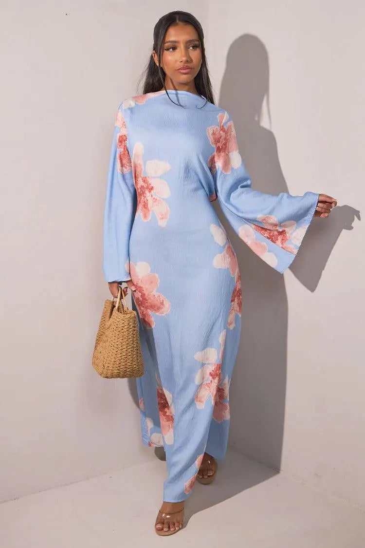 Floral Bell Sleeve Maxi Dress for Resort Wear, Beach Vacation & Casual Daily Outfits