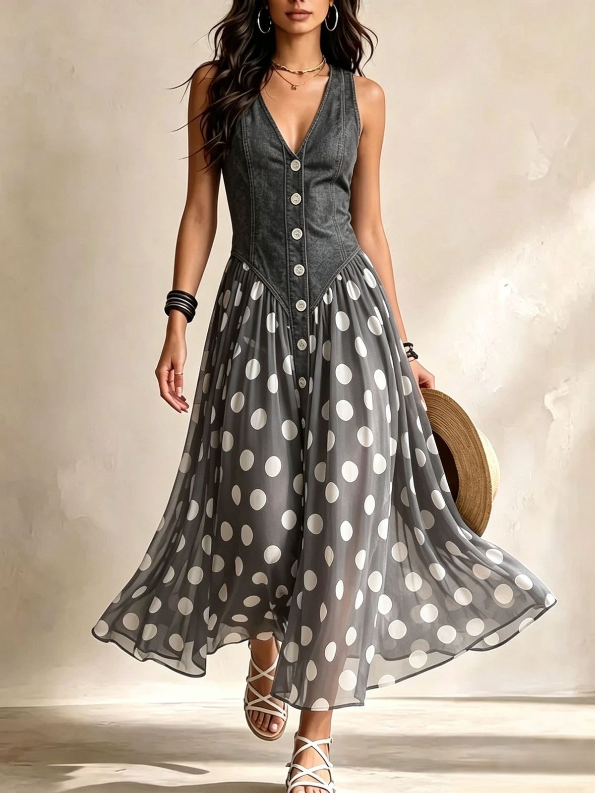 Denim Dress With Polka Dot Chiffon Skirt