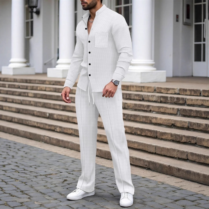 Casual Waffle Shirt Pants 2-Piece Set