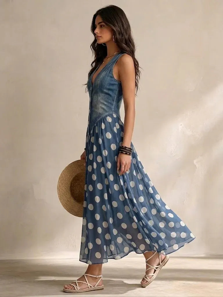 Denim Dress With Polka Dot Chiffon Skirt