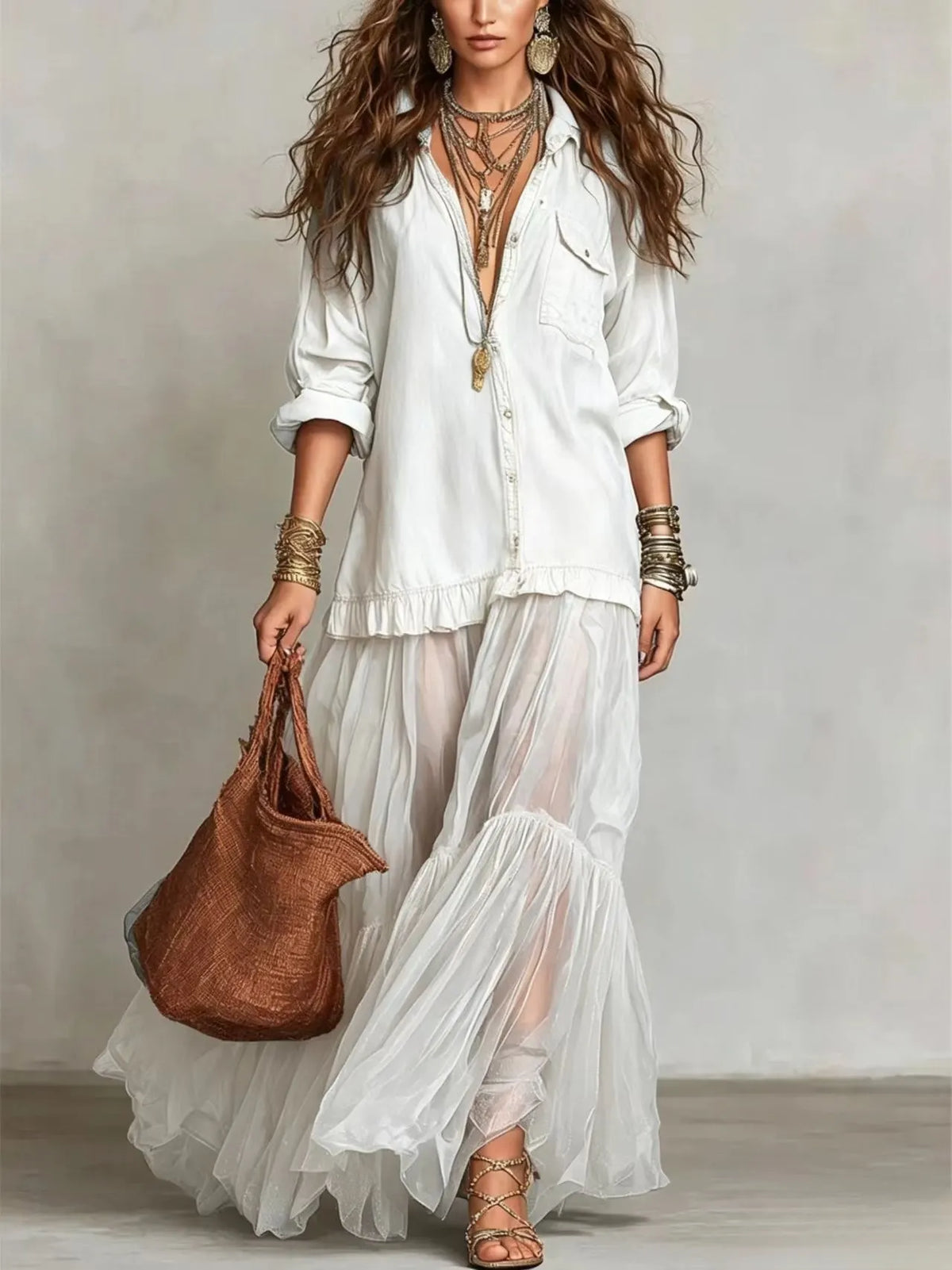 Denim Shirt & Tiered Mesh Maxi Skirt Set