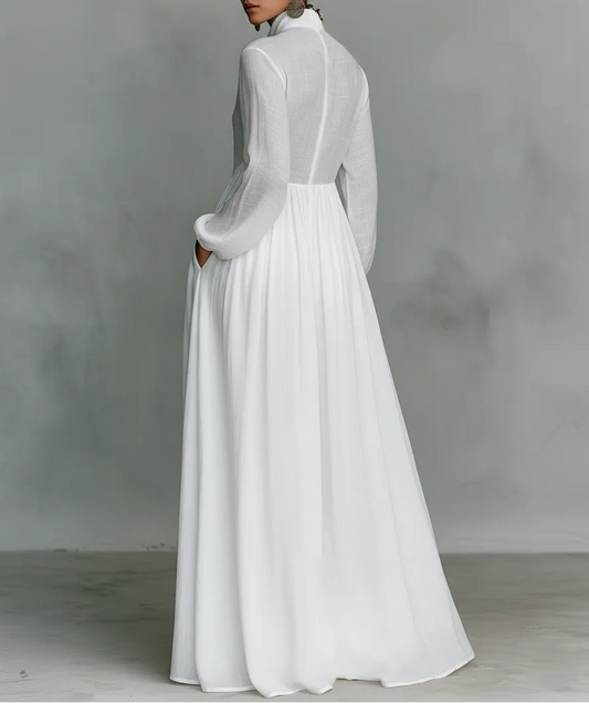 Patchwork Maxi Dress with Stand Collar and Long Sleeves