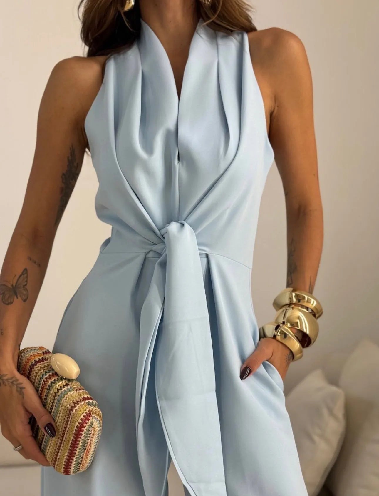 Halter Twist Knot Waist Jumpsuit, Sleeveless Wide‑Leg Jumpsuit