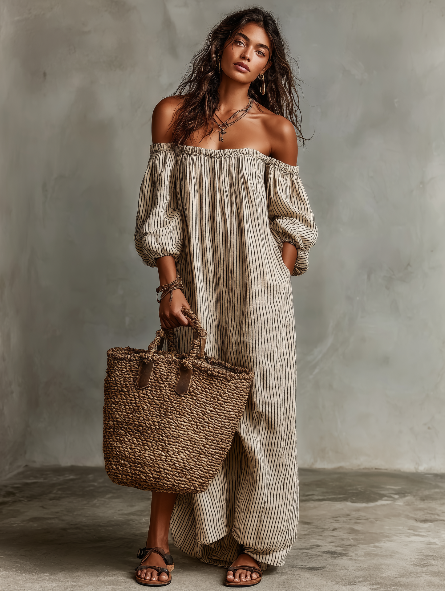Casual Linen Blend Off‑The‑Shoulder Jumpsuit