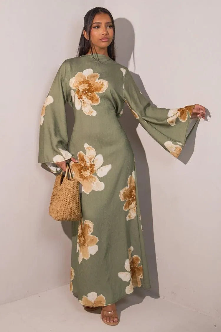 Floral Bell Sleeve Maxi Dress for Resort Wear, Beach Vacation & Casual Daily Outfits